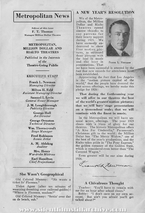 Metropolitan Theatre, movie program, December 26, 1925, Los Angeles, California