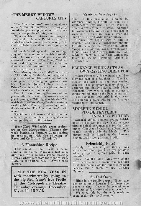 Metropolitan Theatre, movie program, December 26, 1925, Los Angeles, California