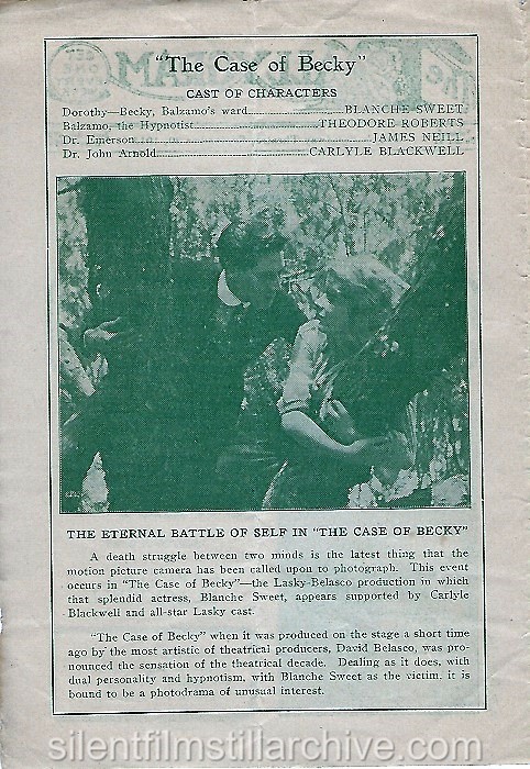 Blanche Sweet in THE CASE OF BECKY (1915) at Tally's Broadway Theatre, September 20, 1915