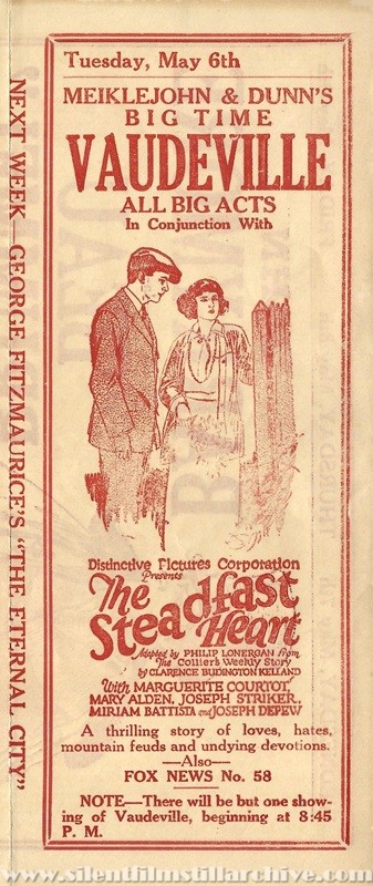 Maybell Theatre program for May 2, 1924 showing THE STEADFAST HEART (1923).