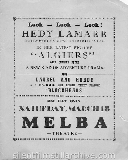 Melba Theatre handout advertising Hedy Lamaar in ALGIERS and Laurel and Hardy in BLOCKHEADS