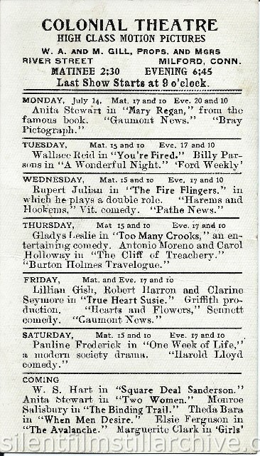 Colonial Theatre program, Milford, Connecticut, July 14, 1919