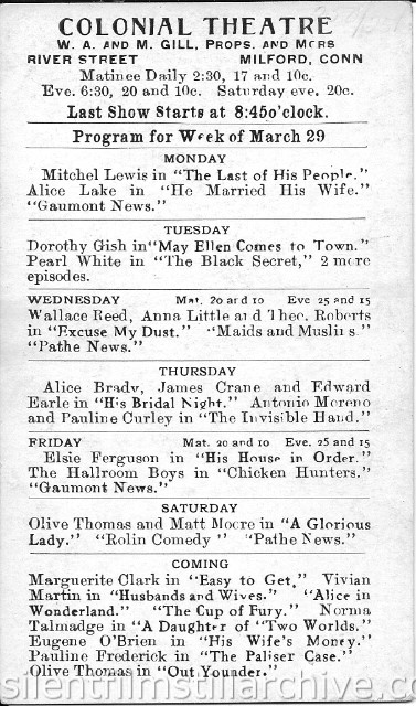 Colonial Theatre program, Milford, Connecticut, March 29, 1920