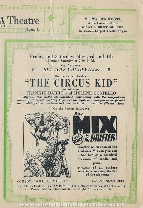 Milford, Delaware, New Plaza Theatre program for April 29th, 1929