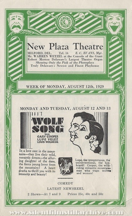Milford, Delaware, New Plaza Theatre program for August 12, 1929