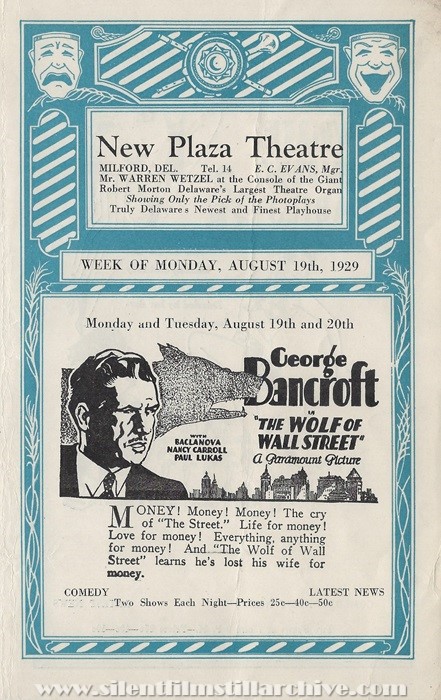 Milford, Delaware, New Plaza Theatre program for August 19, 1929 showing THE WOLF OF WALL STREET (1929) with George Bancroft