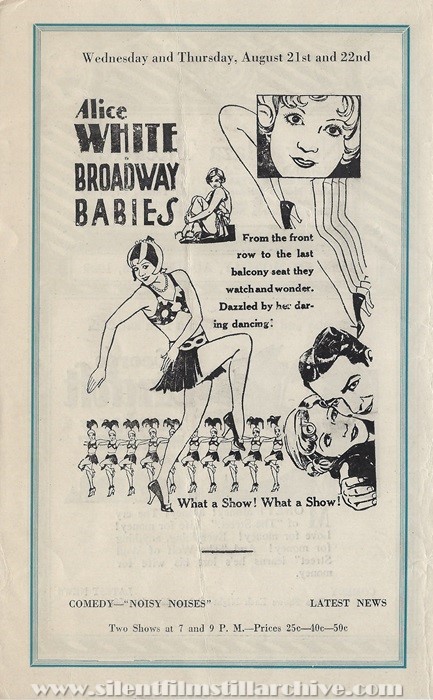 Milford, Delaware, New Plaza Theatre program for August 19, 1929 showing BROADWAY BABIES (1929) with Alice White