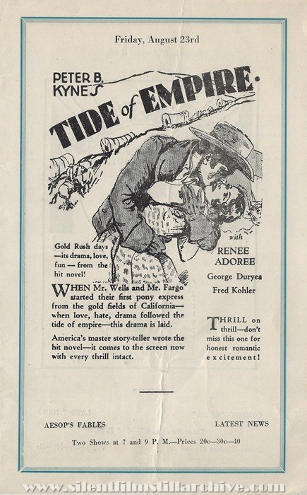 Milford, Delaware, New Plaza Theatre program for August 19, 1929 showing TIDE OF EMPIRE (1929) with Rene Adore