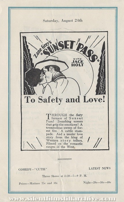 Milford, Delaware, New Plaza Theatre program for August 19, 1929 showing SUNSET PASS (1929) with Jack Holt