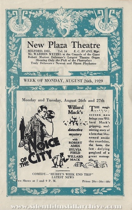 Milford, Delaware, New Plaza Theatre program for August 26, 1929 showing VOICE OF THE CITY (1929) with Robert Ames