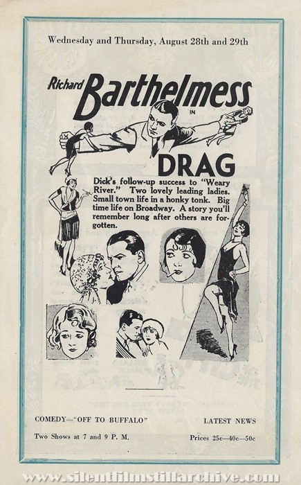 Milford, Delaware, New Plaza Theatre program for August 26, 1929 showing DRAG (1929) with Richard Barthelmess and Lila Lee
