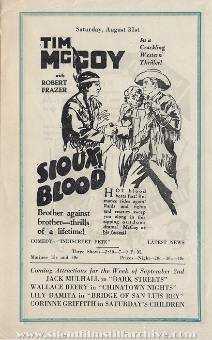 Milford, Delaware, New Plaza Theatre program for August 26, 1929 showing SIOUX BLOOD (1929) with Tim McCoy