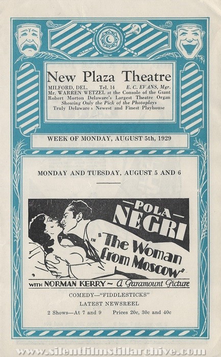 Milford, Delaware, New Plaza Theatre program for August 5, 1929