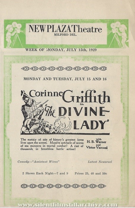 Milford, Delaware, New Plaza Theatre program for July 15, 1929
