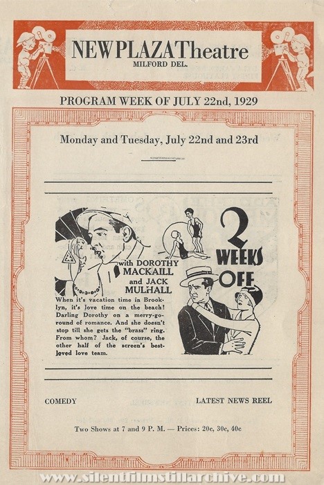 Milford, Delaware, New Plaza Theatre program for July 22, 1929