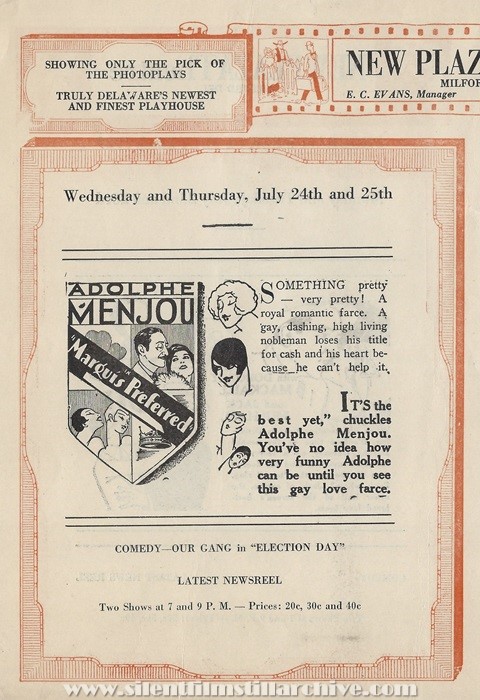 Milford, Delaware, New Plaza Theatre program for July 22, 1929