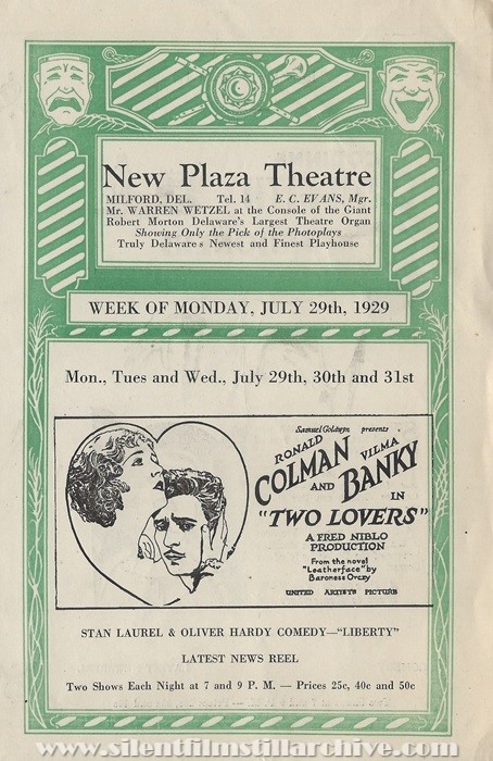 Milford, Delaware, New Plaza Theatre program for July 29, 1929