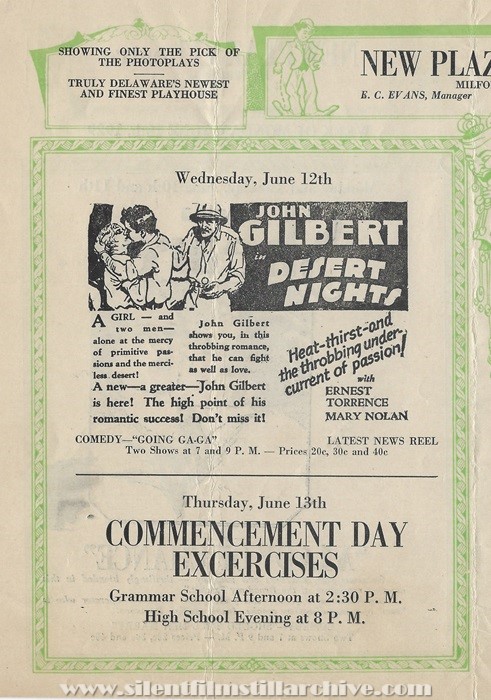 Milford, Delaware, New Plaza Theatre program for June 10, 1929