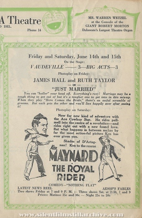 Milford, Delaware, New Plaza Theatre program for June 10, 1929