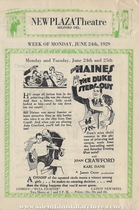 Milford, Delaware, New Plaza Theatre program for June 24, 1929