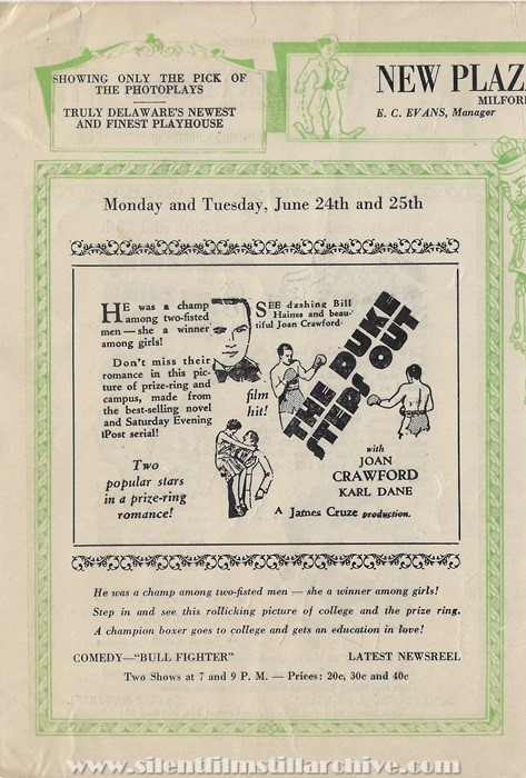 Milford, Delaware, New Plaza Theatre program for June 24, 1929