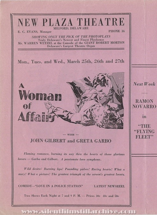 Milford, Delaware, New Plaza Theatre program for March 25th, 1929