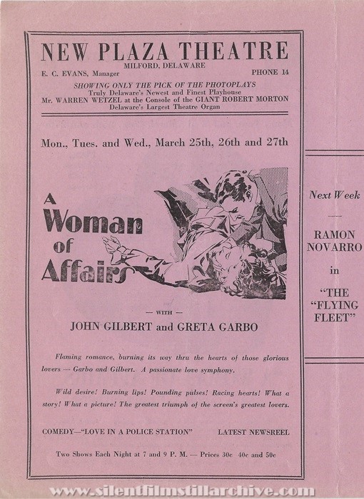 Milford, Delaware, New Plaza Theatre program for March 25th, 1929