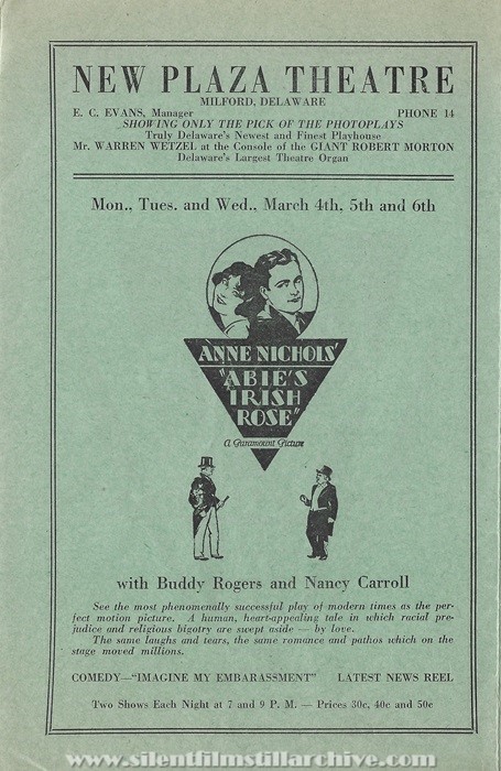 Milford, Delaware, New Plaza Theatre program for March 4th, 1929