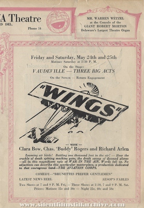 Milford, Delaware, New Plaza Theatre program for May 20, 1929