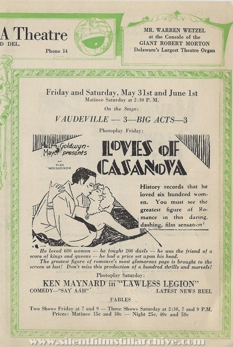 Milford, Delaware, New Plaza Theatre program for May 27, 1929