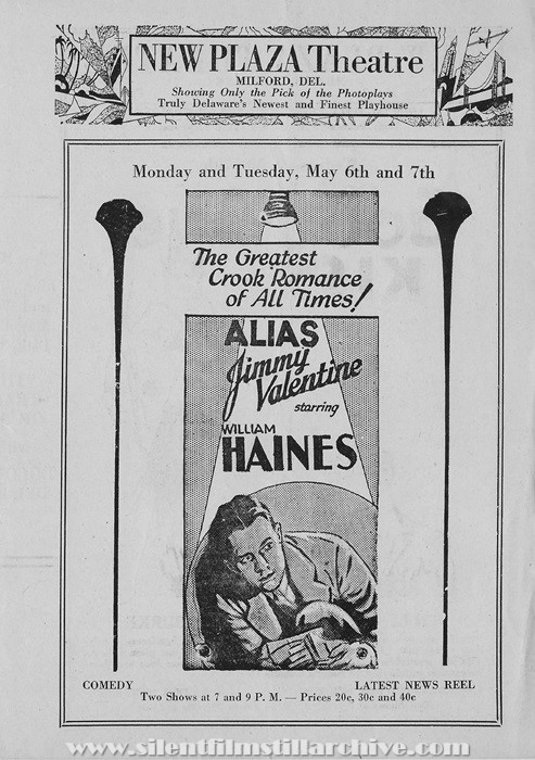 Milford, Delaware, New Plaza Theatre program for May 6, 1929