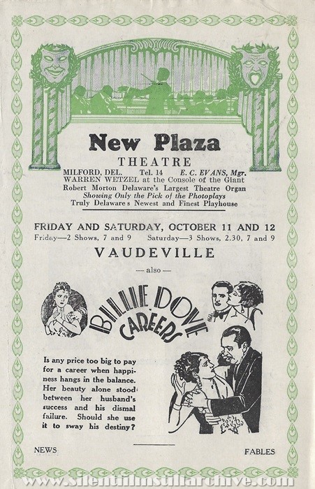 Milford, Delaware, New Plaza Theatre program for October 7, 1929