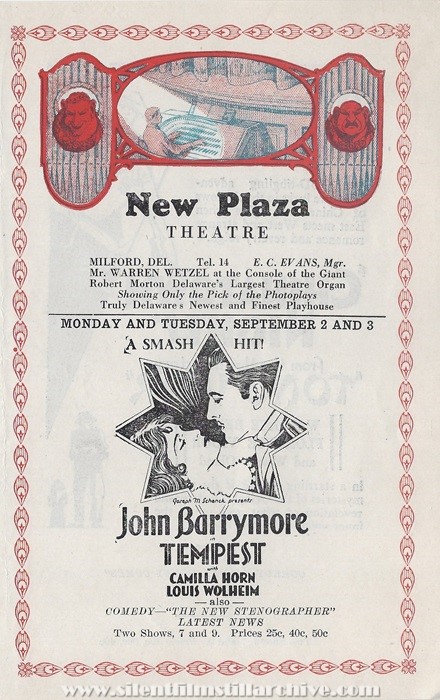 Milford, Delaware, New Plaza Theatre program for September 2, 1929
