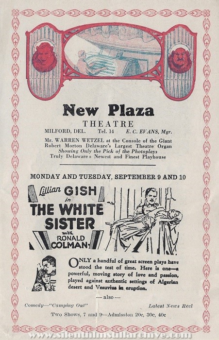 Milford, Delaware, New Plaza Theatre program for September 9, 1929