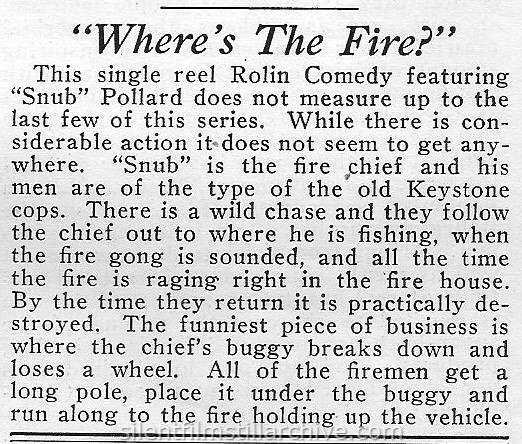 Moving Picture World review of WHERE'S THE FIRE (1921) with Snub Pollard