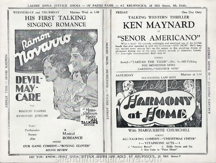 Mount Holly, New Jersey, Fox Theatre program for the week of March 10, 1930, featuring Ramon Novarro in DEVIL-MAY_CARE (1929), and HARMONY AT HOME (1930).