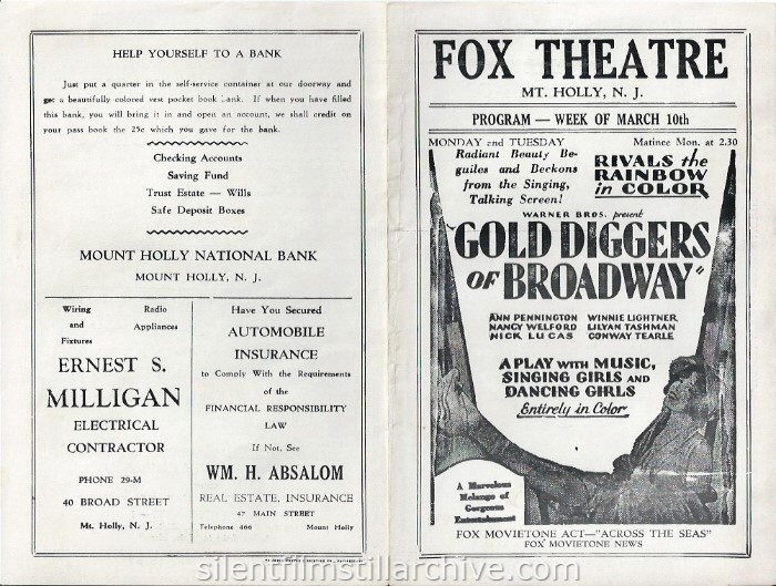 Mount Holly, New Jersey Fox Theatre program for the week of March 10, 1930, featuring GOLD DIGGERS OF BROADWAY (1930).