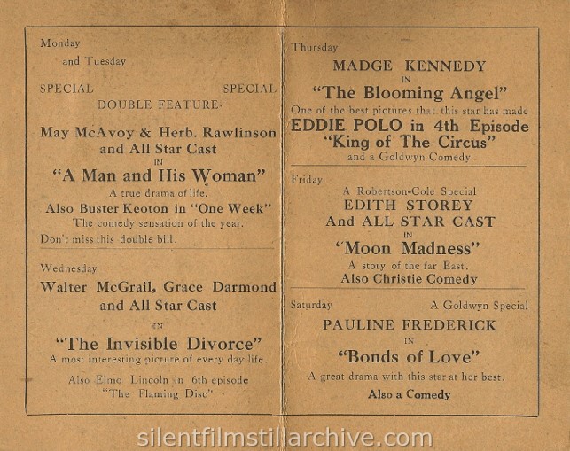 Program for the New Colonial Theatre in Baltimore, Maryland, January 10,  1921