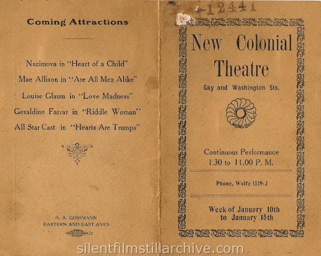 Program for the New Colonial Theatre in Baltimore, Maryland, January 10,  1921