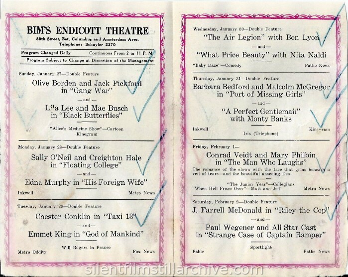 New York, New York Bim's Endicott Theatre program for the week of January 27, 1929