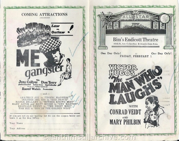 New York, New York Bim's Endicott Theatre program for the week of January 27, 1929, featuring THE MAN WHO LAUGHS (1928)