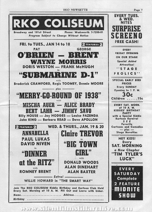 New York, New York, RKO Coliseum Theater program for January 14, 1938 showing SUBMARINE D-1 (1937) with Pat O'Brien