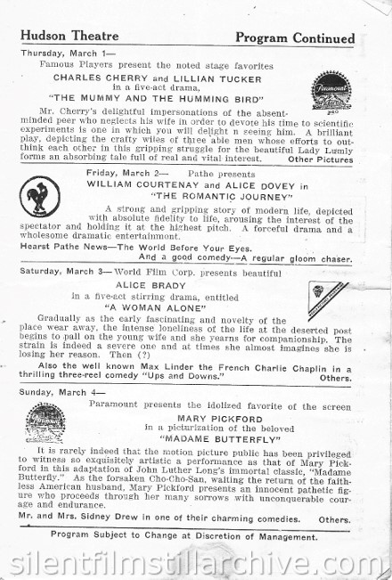 Hudson Theatre, New York City, New York program for February 26, 1917