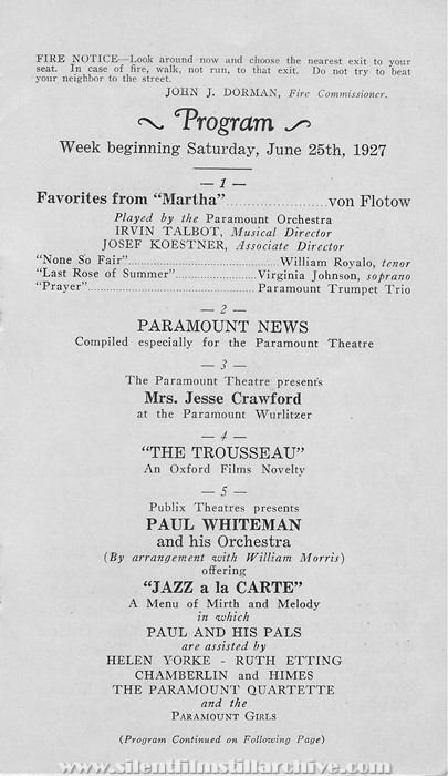 Theater program from the Paramount Theatre in New York City, New York for the week beginning June 25, 1927