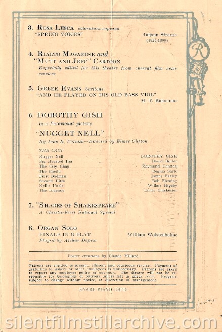 Rialto Theatre, New York City program