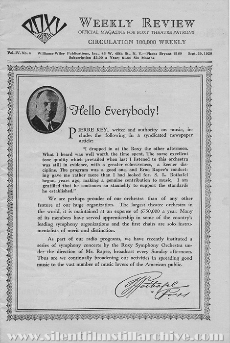Roxy Theatre program for September 29, 1928