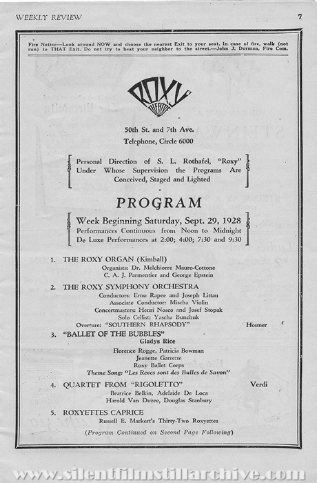 Roxy Theatre program for September 29, 1928