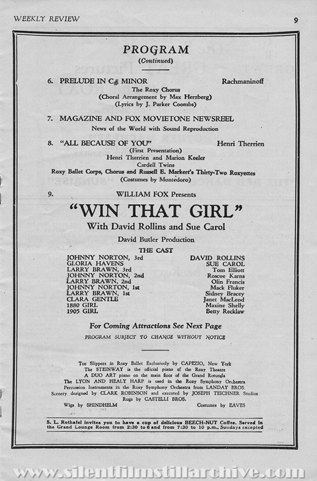 Roxy Theatre program for September 29, 1928