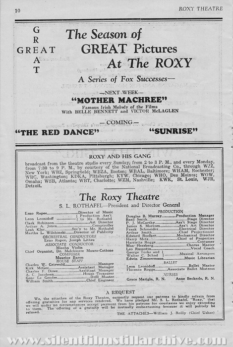 Roxy Theatre program for September 29, 1928