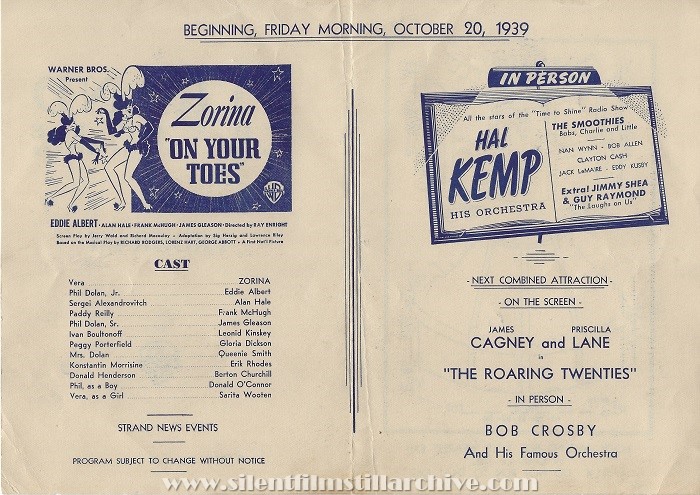 New York City Strand Theatre program for October 20, 1939 showing ON YOUR TOES (1939)